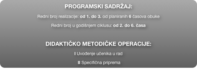 PROGRAMSKI SADRŽAJ:
Redni broj realizacije: od 1. do 3. od planiranih 6 časova obuke
Redni broj u godišnjem ciklusu: od 2. do 6. časa

DIDAKTIČKO METODIČKE OPERACIJE:
I Uvođenje učenika u rad
 II Specifična priprema