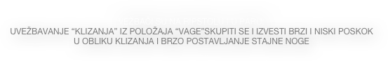 VEŽBAČI SU NA RIPSTOLU I U PARU:
UVEŽBAVANJE “KLIZANJA” IZ POLOŽAJA “VAGE”SKUPITI SE I IZVESTI BRZI I NISKI POSKOK U OBLIKU KLIZANJA I BRZO POSTAVLJANJE STAJNE NOGE
