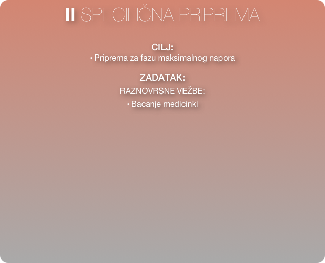 II SPECIFIČNA PRIPREMA

CILJ:             
• Priprema za fazu maksimalnog napora

ZADATAK:   

RAZNOVRSNE VEŽBE:

• Bacanje medicinki
  