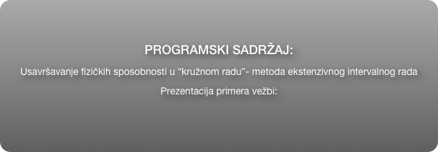 
PROGRAMSKI SADRŽAJ:
Usavršavanje fizičkih sposobnosti u “kružnom radu”- metoda ekstenzivnog intervalnog rada 
Prezentacija primera vežbi:

