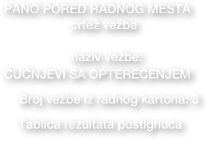 PANO PORED RADNOG MESTA
  • crtež vežbe  

• naziv vežbe: 
ČUČNJEVI SA OPTEREĆENJEM
     • Broj vežbe iz radnog kartona: 3   
• Tablica rezultata postignuća     