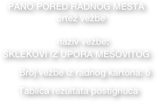 PANO PORED RADNOG MESTA
  • crtež vežbe  

• naziv vežbe: 
SKLEKOVI IZ UPORA MEŠOVITOG
     • Broj vežbe iz radnog kartona: 6
• Tablica rezultata postignuća     