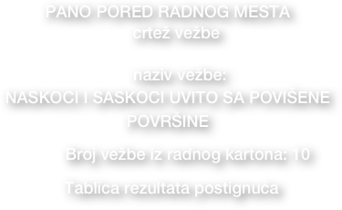 PANO PORED RADNOG MESTA
  • crtež vežbe  

• naziv vežbe: 
NASKOCI I SASKOCI UVITO SA POVIŠENE POVRŠINE
       • Broj vežbe iz radnog kartona: 10
• Tablica rezultata postignuća     