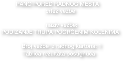 PANO PORED RADNOG MESTA
  • crtež vežbe  

• naziv vežbe: 
PODIZANJE TRUPA POGRČENIM KOLENIMA

• Broj vežbe iz radnog kartona: 1
• Tablica rezultata postignuća     