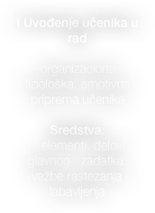 I Uvođenje učenika u rad

-organizaciona, fiziološka, emotivna priprema učenika

Sredstva:
-  elementi, delovi glavnog   zadatka;  
-vežbe rastezanja i labavljenja