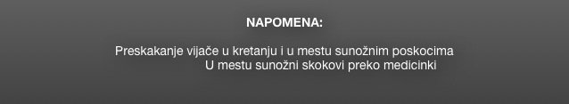 
NAPOMENA: 

Preskakanje vijače u kretanju i u mestu sunožnim poskocima 
                     U mestu sunožni skokovi preko medicinki                    
  
