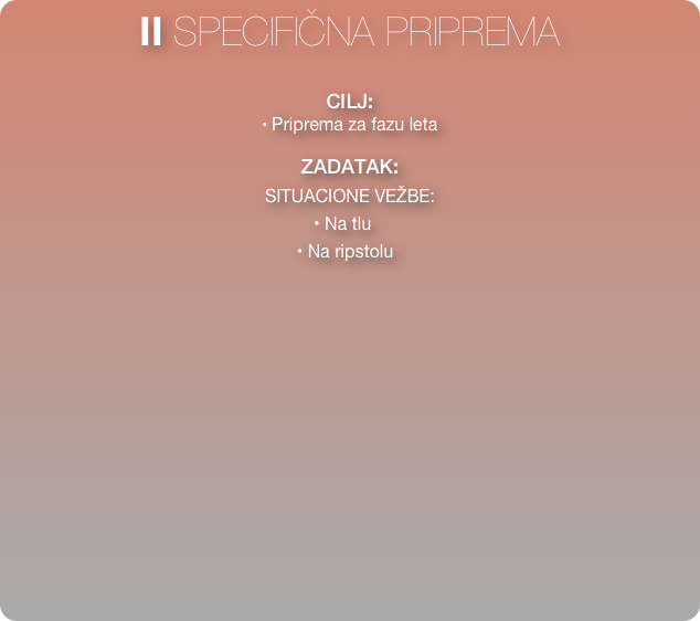 II SPECIFIČNA PRIPREMA

CILJ:             
• Priprema za fazu leta

ZADATAK:   

SITUACIONE VEŽBE:

                                                               • Na tlu
    
  	                                                     • Na ripstolu
  