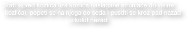 Stati ispred kozlića (iza kozlića naslagane strunjače do visine kozlića), popeti se na njega do seda i pustiti se kroz pad nazad 
u kolut nazad