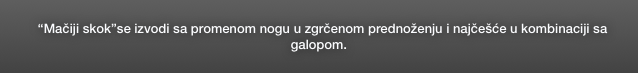   “Mačiji skok”se izvodi sa promenom nogu u zgrčenom prednoženju i najčešće u kombinaciji sa galopom.