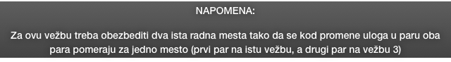 NAPOMENA: 

Za ovu vežbu treba obezbediti dva ista radna mesta tako da se kod promene uloga u paru oba para pomeraju za jedno mesto (prvi par na istu vežbu, a drugi par na vežbu 3)        