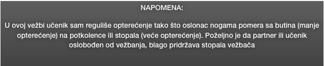 NAPOMENA: 

U ovoj vežbi učenik sam reguliše opterećenje tako što oslonac nogama pomera sa butina (manje opterećenje) na potkolence ili stopala (veće opterećenje). Poželjno je da partner ili učenik oslobođen od vežbanja, blago pridržava stopala vežbača 
