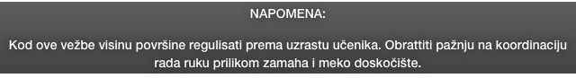 NAPOMENA: 

Kod ove vežbe visinu površine regulisati prema uzrastu učenika. Obrattiti pažnju na koordinaciju rada ruku prilikom zamaha i meko doskočište.    